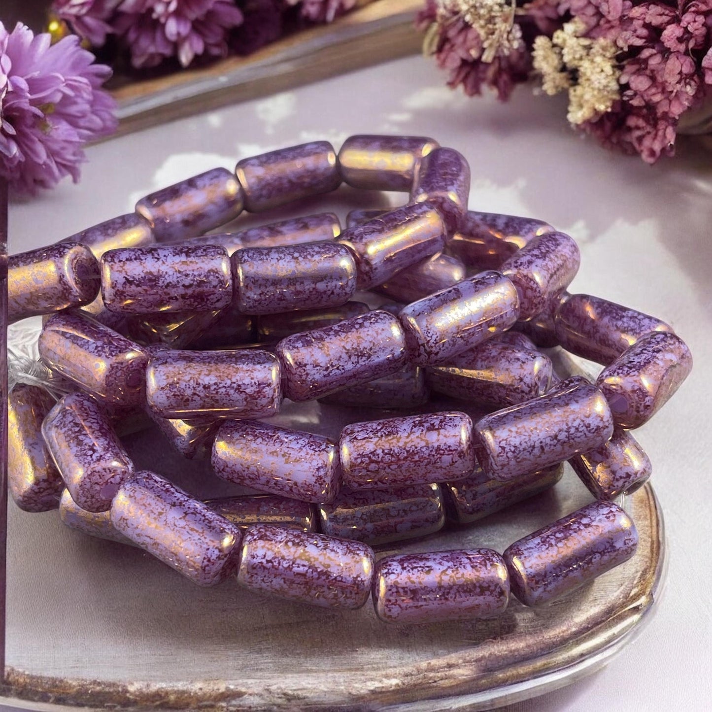 Czech Glass Beads - 14x7mm Large Hole Tube Bead, Purple Thistle with Plum Picasso Finish, 2mm Hole (TUBE/N-2126) * Qty. 10