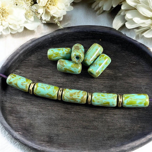 Czech Glass Beads - 14x7mm Large Hole Tube Bead, Tea Green with Picasso Finish, 2mm Hole (TUBE/N-2133) * Qty. 10