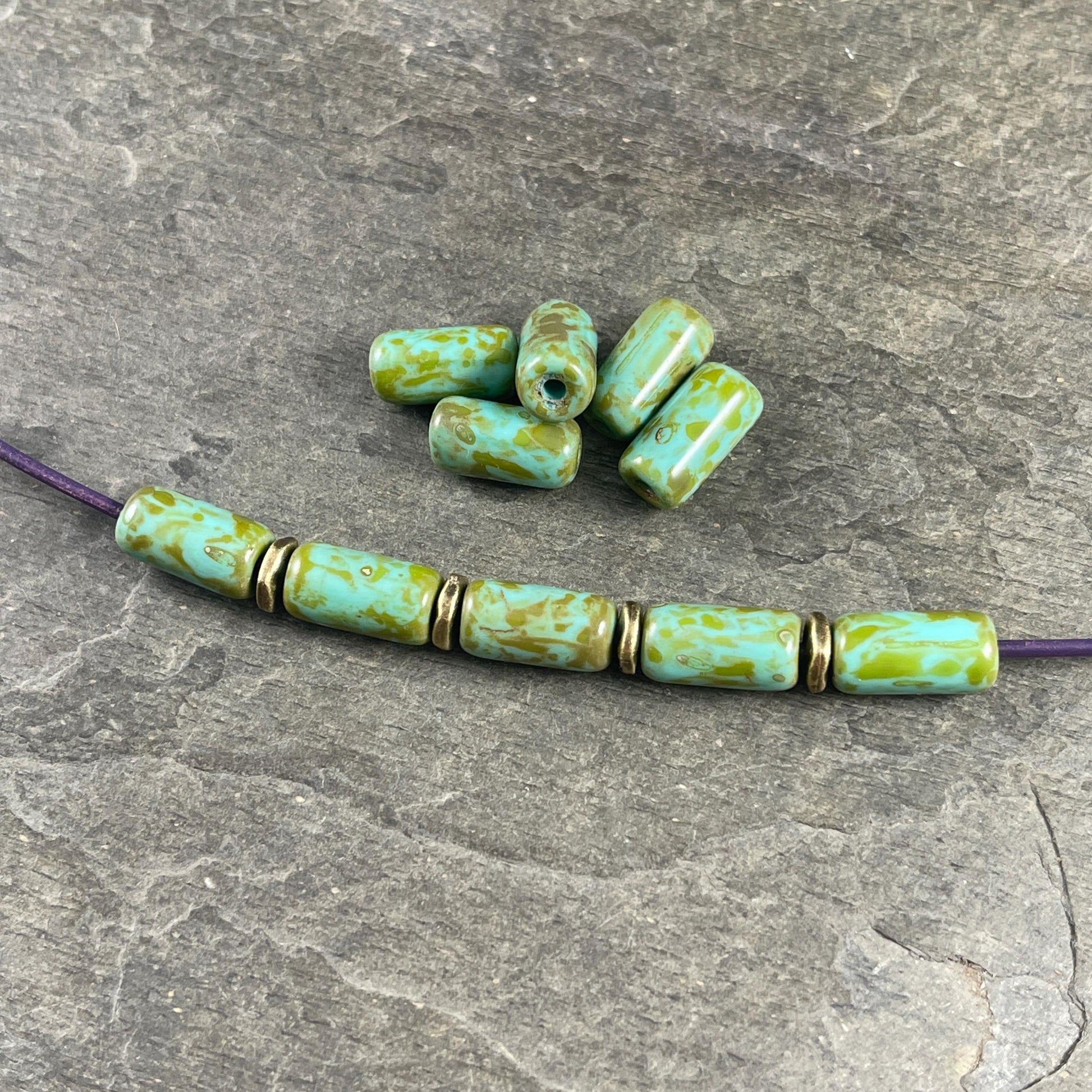Czech Glass Beads - 14x7mm Large Hole Tube Bead, Tea Green with Picasso Finish, 2mm Hole (TUBE/N-2133) * Qty. 10
