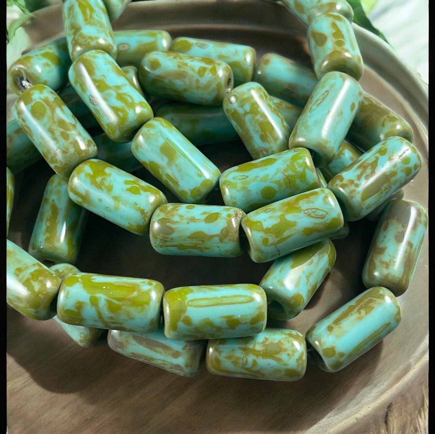 Czech Glass Beads - 14x7mm Large Hole Tube Bead, Tea Green with Picasso Finish, 2mm Hole (TUBE/N-2133) * Qty. 10