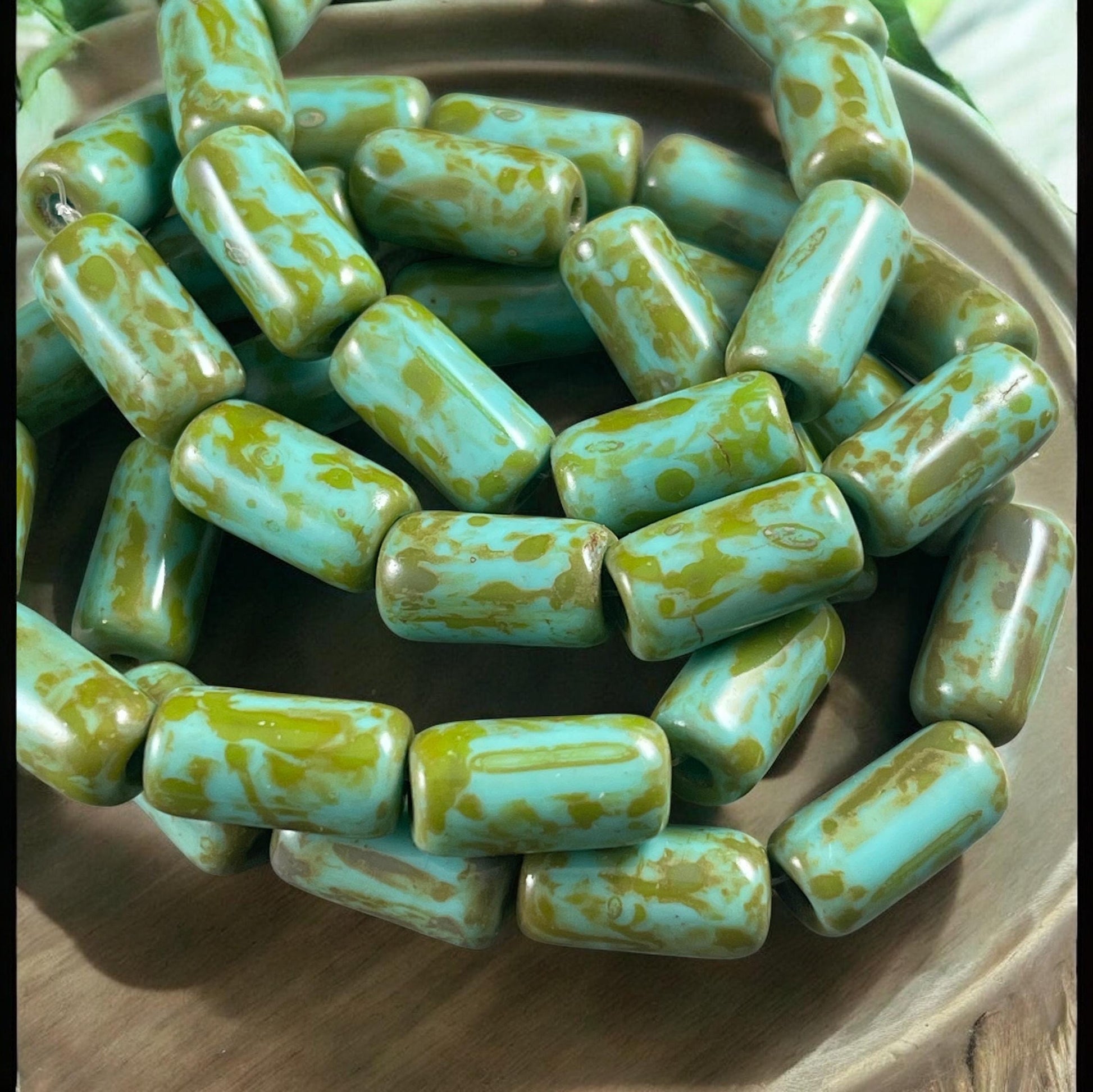 Czech Glass Beads - 14x7mm Large Hole Tube Bead, Tea Green with Picasso Finish, 2mm Hole (TUBE/N-2133) * Qty. 10