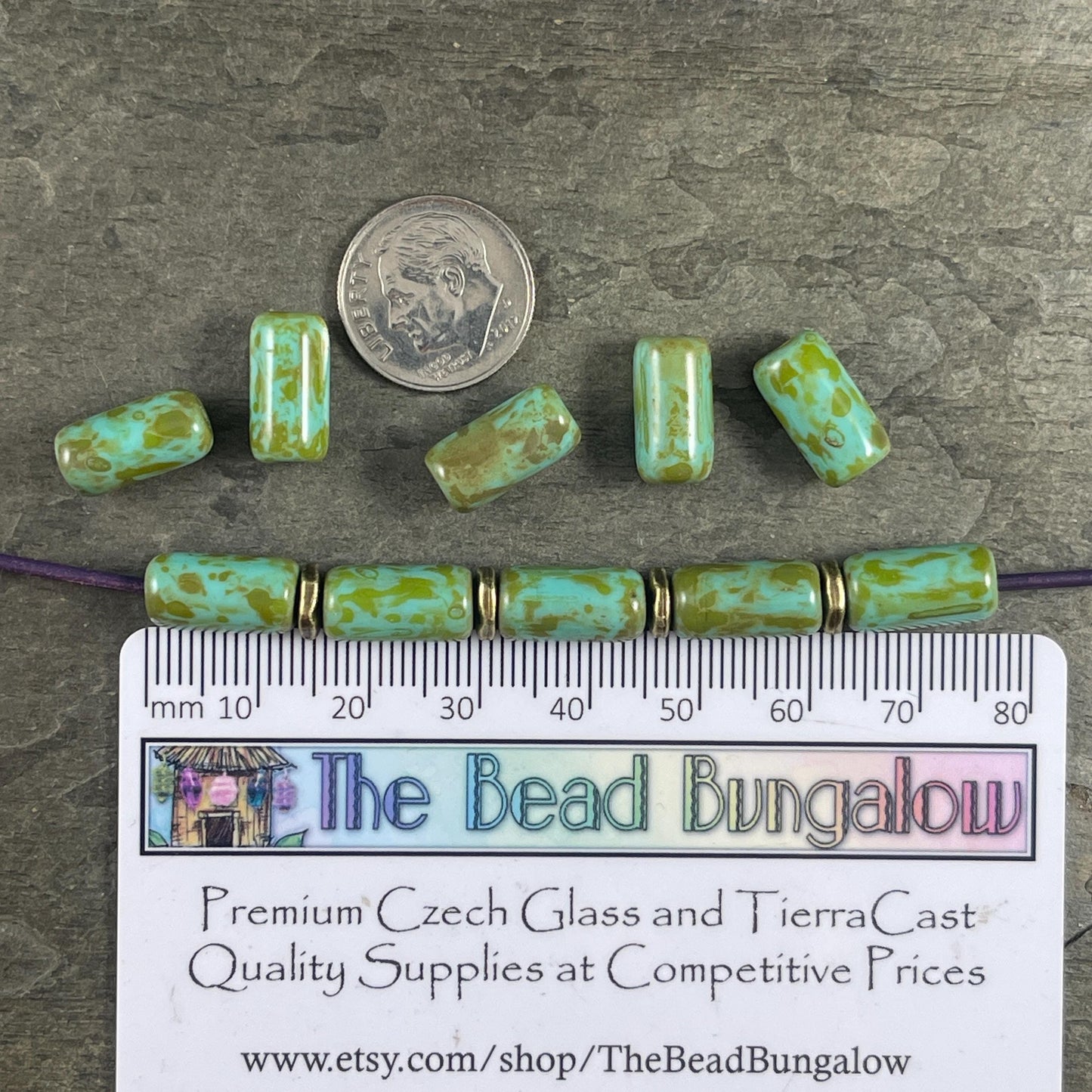 Czech Glass Beads - 14x7mm Large Hole Tube Bead, Tea Green with Picasso Finish, 2mm Hole (TUBE/N-2133) * Qty. 10