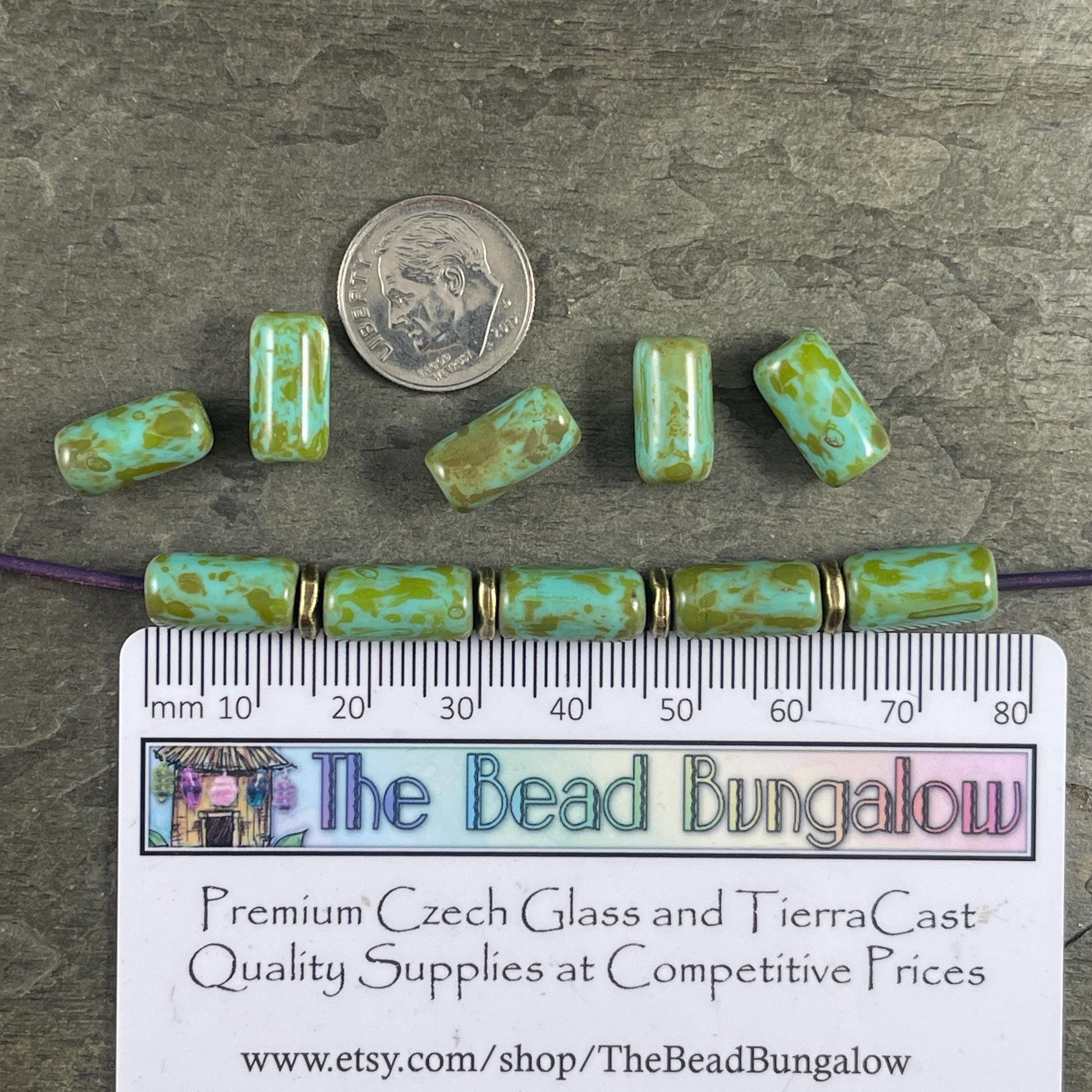 Czech Glass Beads - 14x7mm Large Hole Tube Bead, Tea Green with Picasso Finish, 2mm Hole (TUBE/N-2133) * Qty. 10