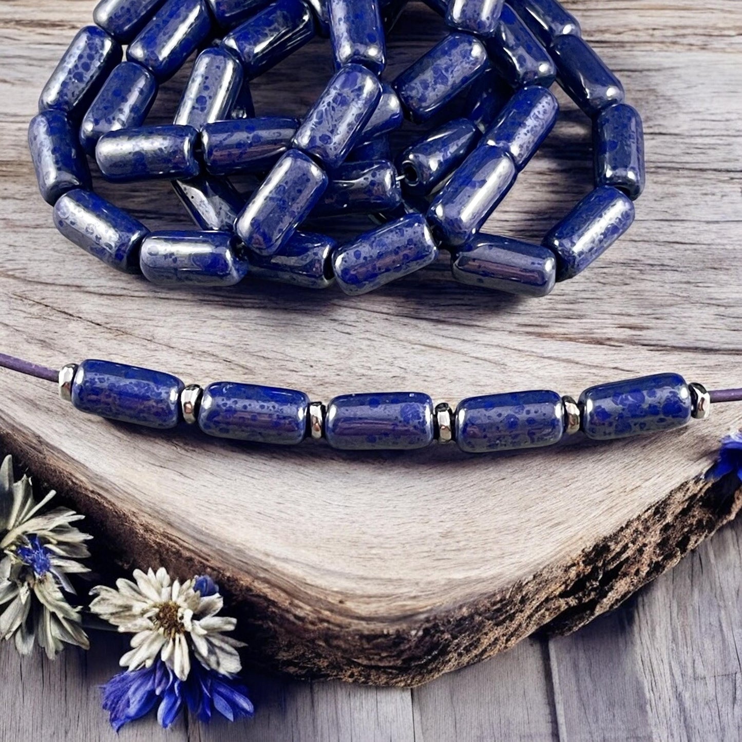 Czech Glass Beads - 14x7mm Large Hole Tube Bead, Cobalt Blue with Silver Picasso Finish, 2mm Hole (TUBE/N-2131) * Qty. 10