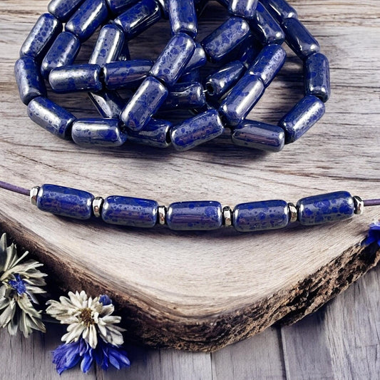 Czech Glass Beads - 14x7mm Large Hole Tube Bead, Cobalt Blue with Silver Picasso Finish, 2mm Hole (TUBE/N-2131) * Qty. 10