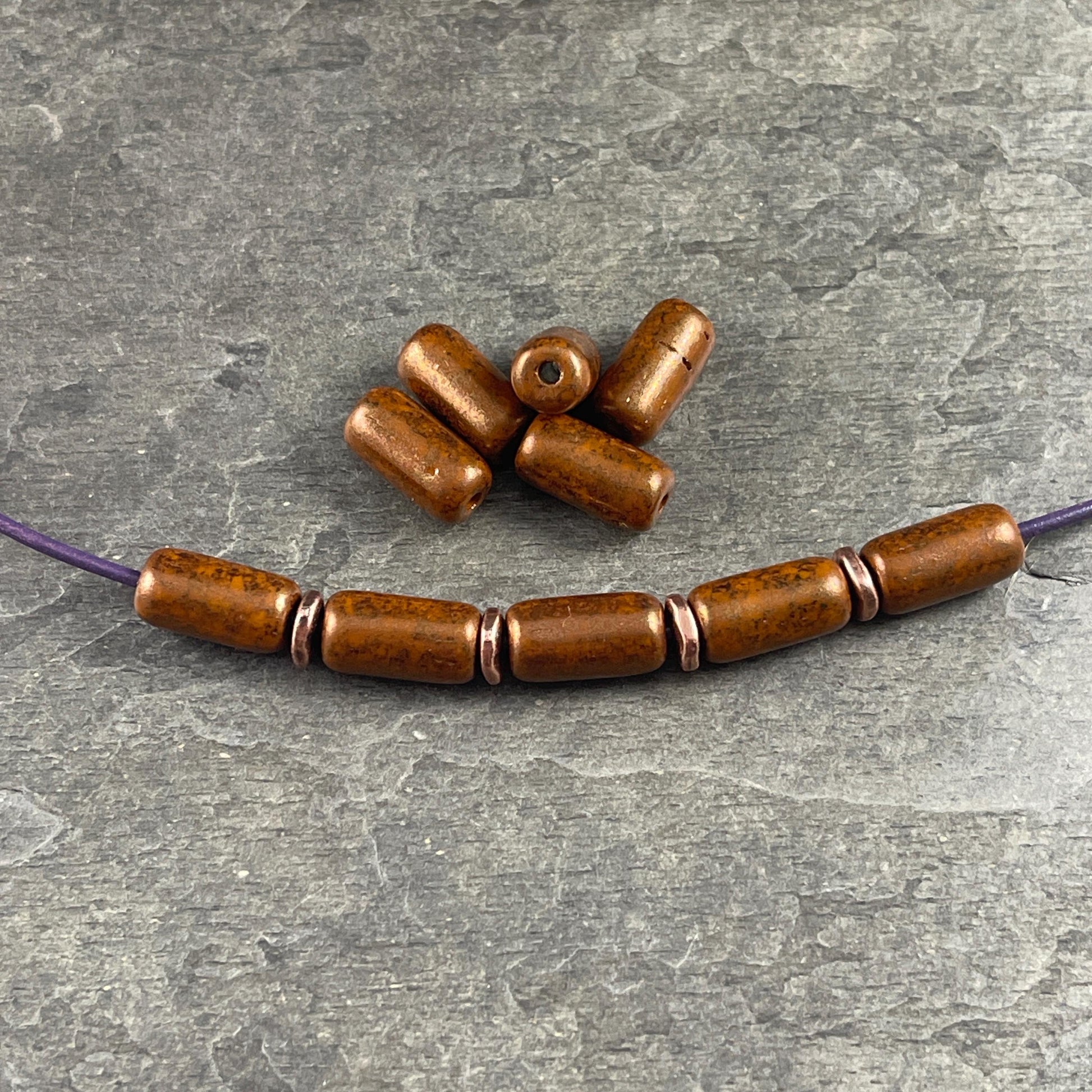Czech Glass Beads - 14x7mm Large Hole Tube Bead, Burnt Orange with Bronze Picasso Finish, 2mm Hole (TUBE/N-2132) * Qty. 10