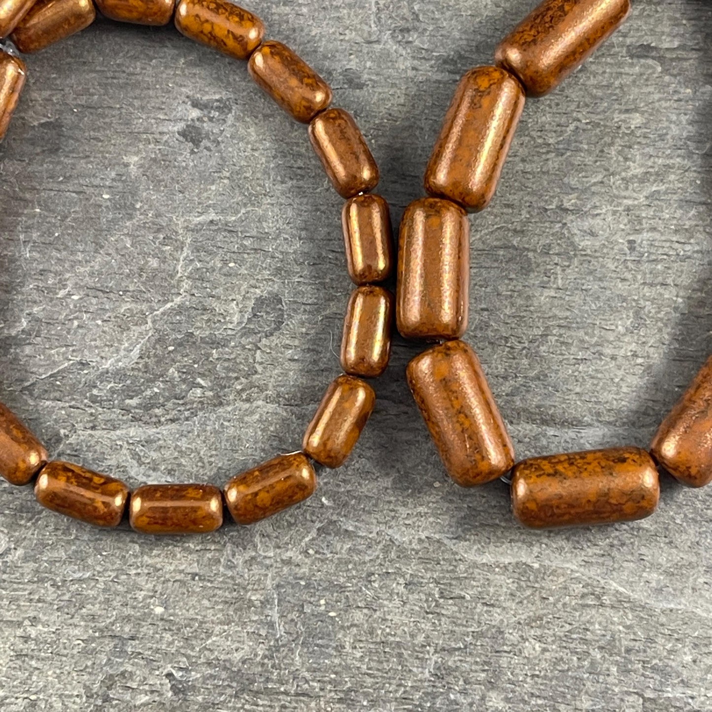 Czech Glass Beads - 14x7mm Large Hole Tube Bead, Burnt Orange with Bronze Picasso Finish, 2mm Hole (TUBE/N-2132) * Qty. 10