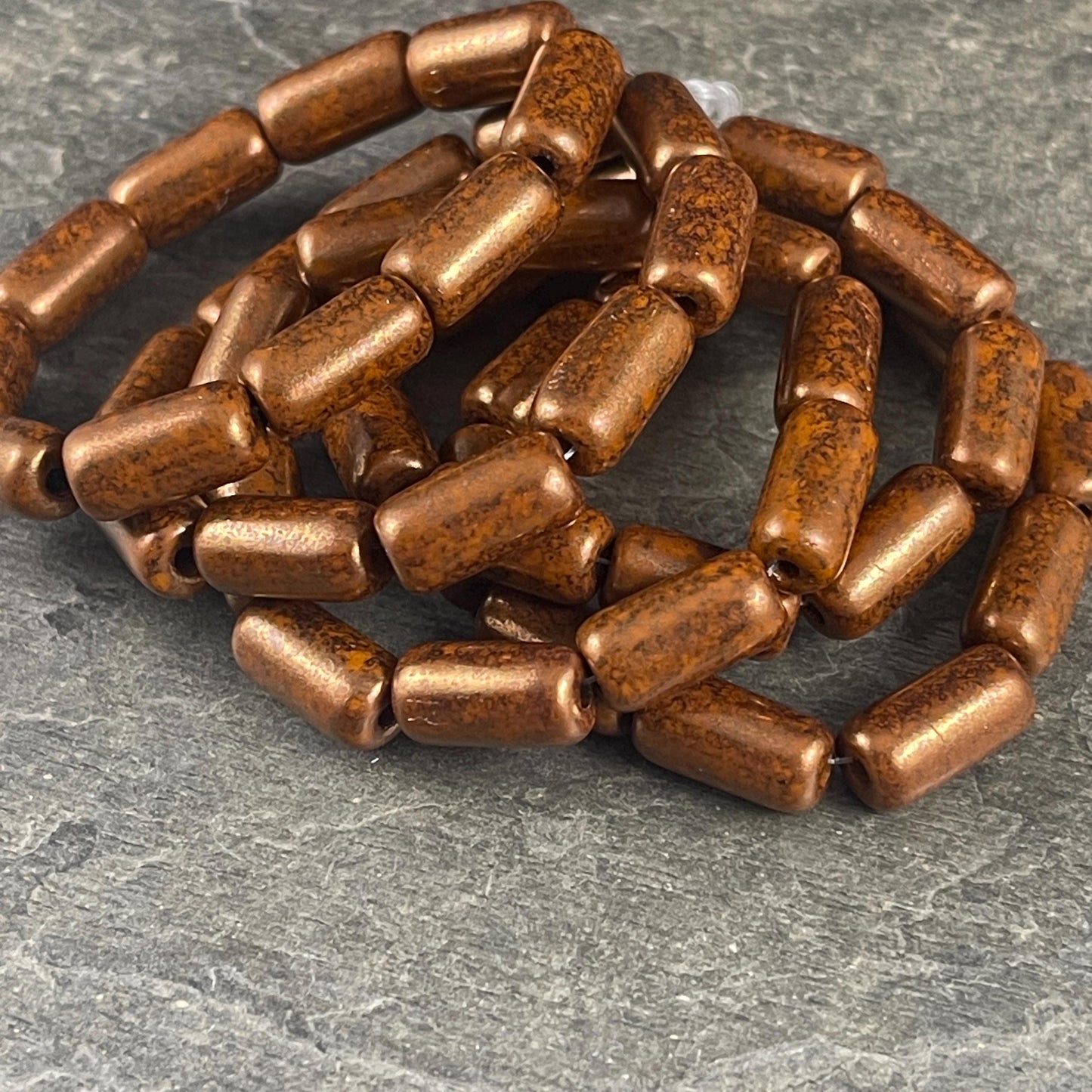 Czech Glass Beads - 14x7mm Large Hole Tube Bead, Burnt Orange with Bronze Picasso Finish, 2mm Hole (TUBE/N-2132) * Qty. 10