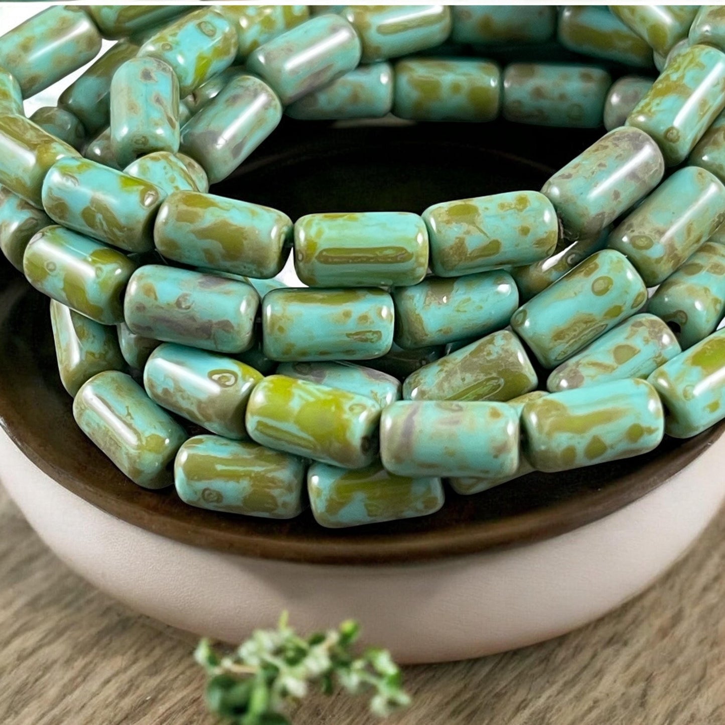 Czech Glass Beads - Turquoise Picasso 9x5mm Tube Bead, Tea Green with Picasso Finish (TBE/N-2119) * Qty. 16