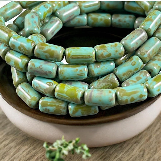 Czech Glass Beads - Turquoise Picasso 9x5mm Tube Bead, Tea Green with Picasso Finish (TBE/N-2119) * Qty. 16