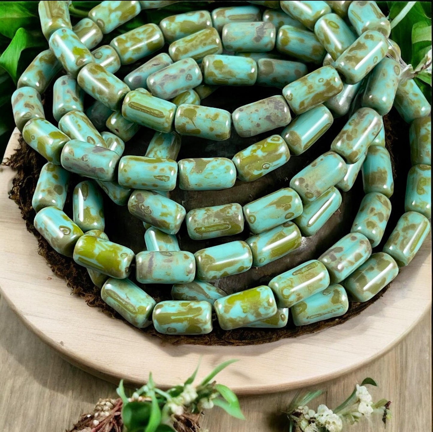 Czech Glass Beads - Turquoise Picasso 9x5mm Tube Bead, Tea Green with Picasso Finish (TBE/N-2119) * Qty. 16