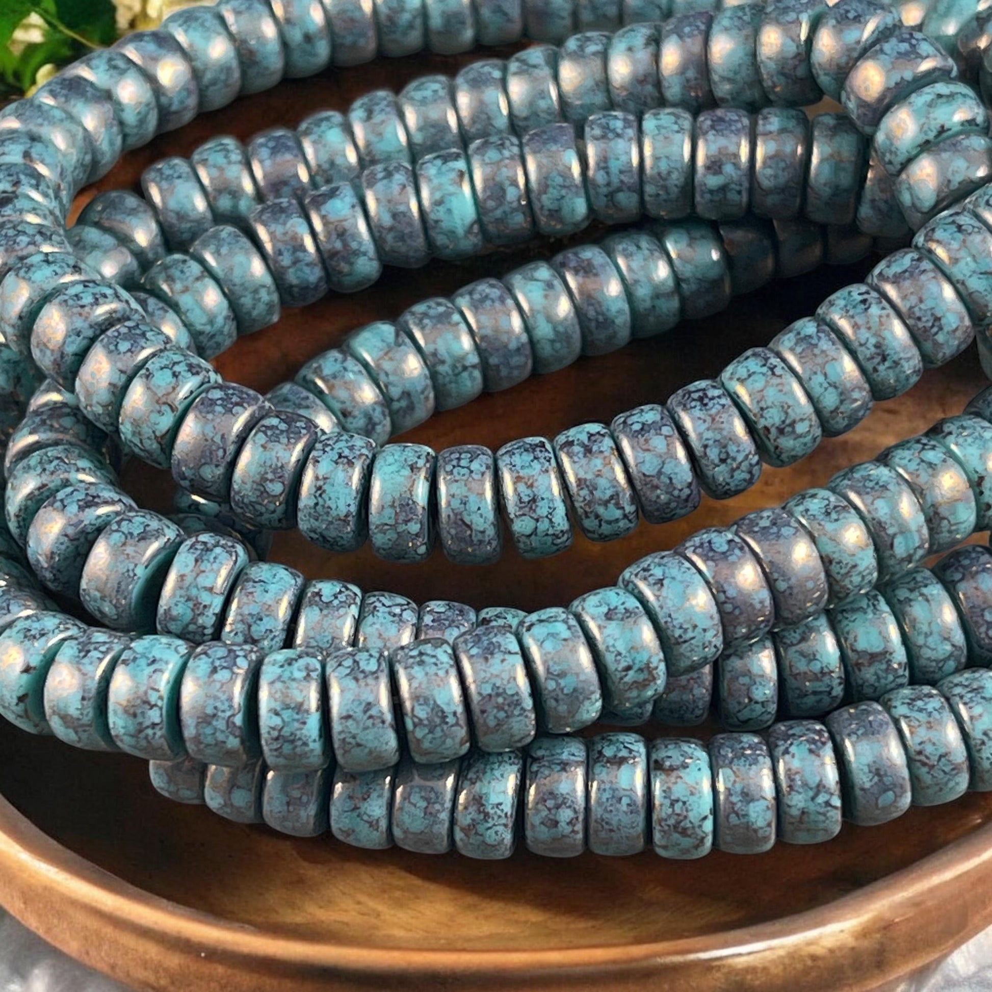 Czech Glass Beads - 6mm Heishi Rondelle, Slate Blue with Bronze Picasso (HSH/N-0578) * 50 Beads