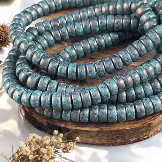 Czech Glass Beads - 6mm Heishi Rondelle, Slate Blue with Bronze Picasso (HSH/N-0578) * 50 Beads