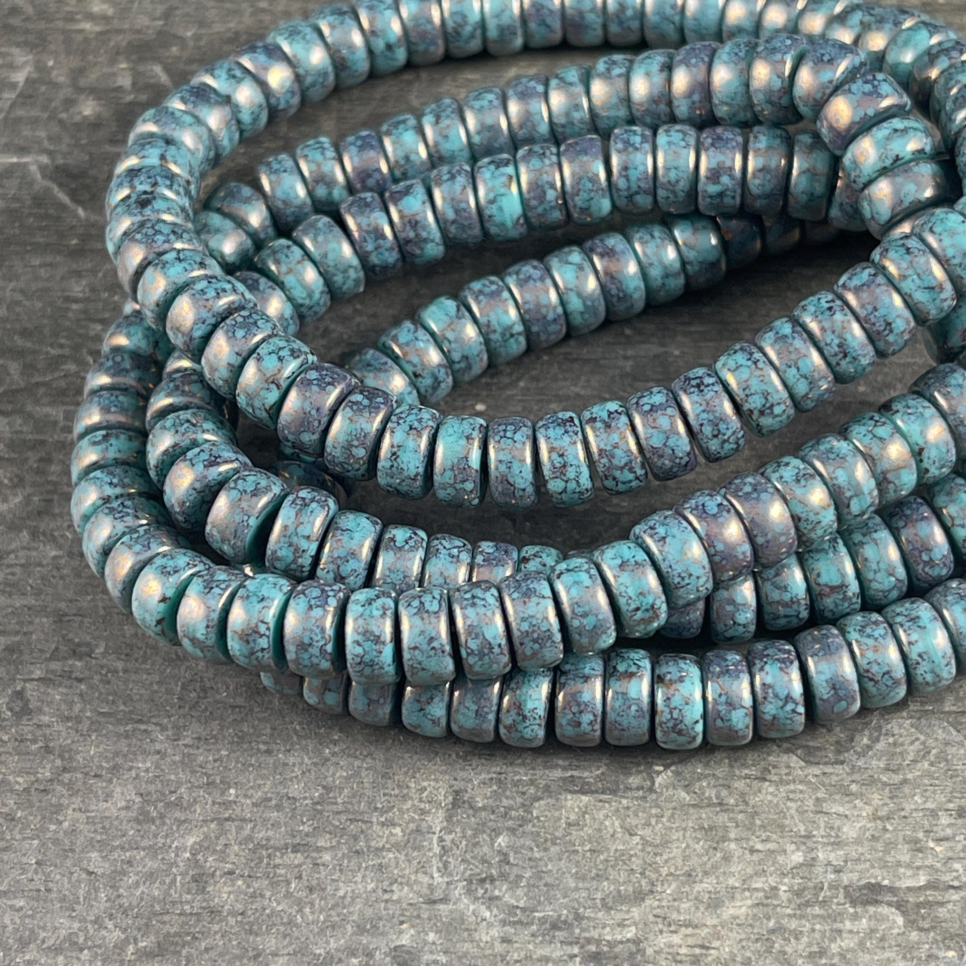 Czech Glass Beads - 6mm Heishi Rondelle, Slate Blue with Bronze Picasso (HSH/N-0578) * 50 Beads