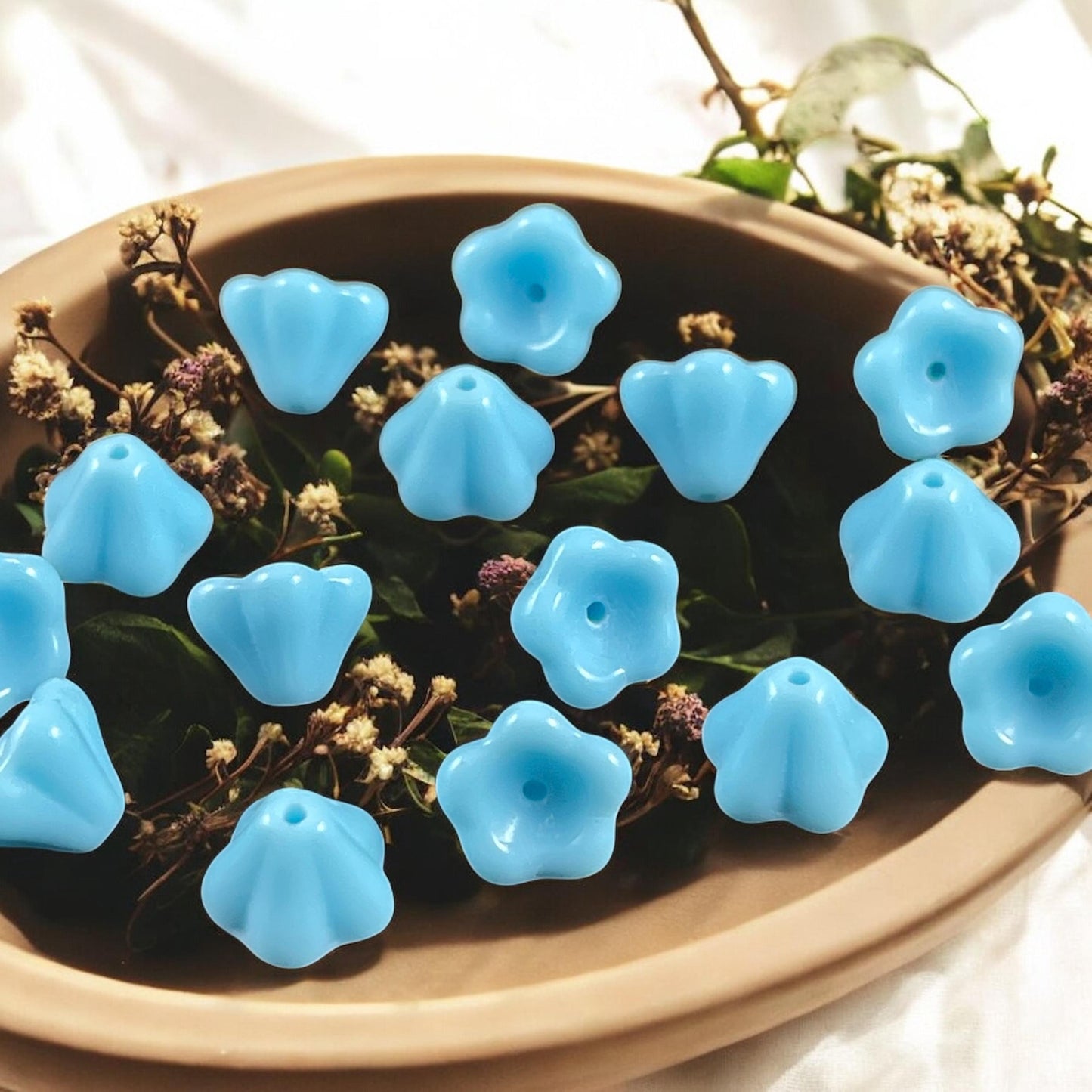 Light Blue Czech Glass Bead, 8x6mm Baby Bell Flower, Opaque Sky Blue Bell Flower (FL/6302) * Qty. 24