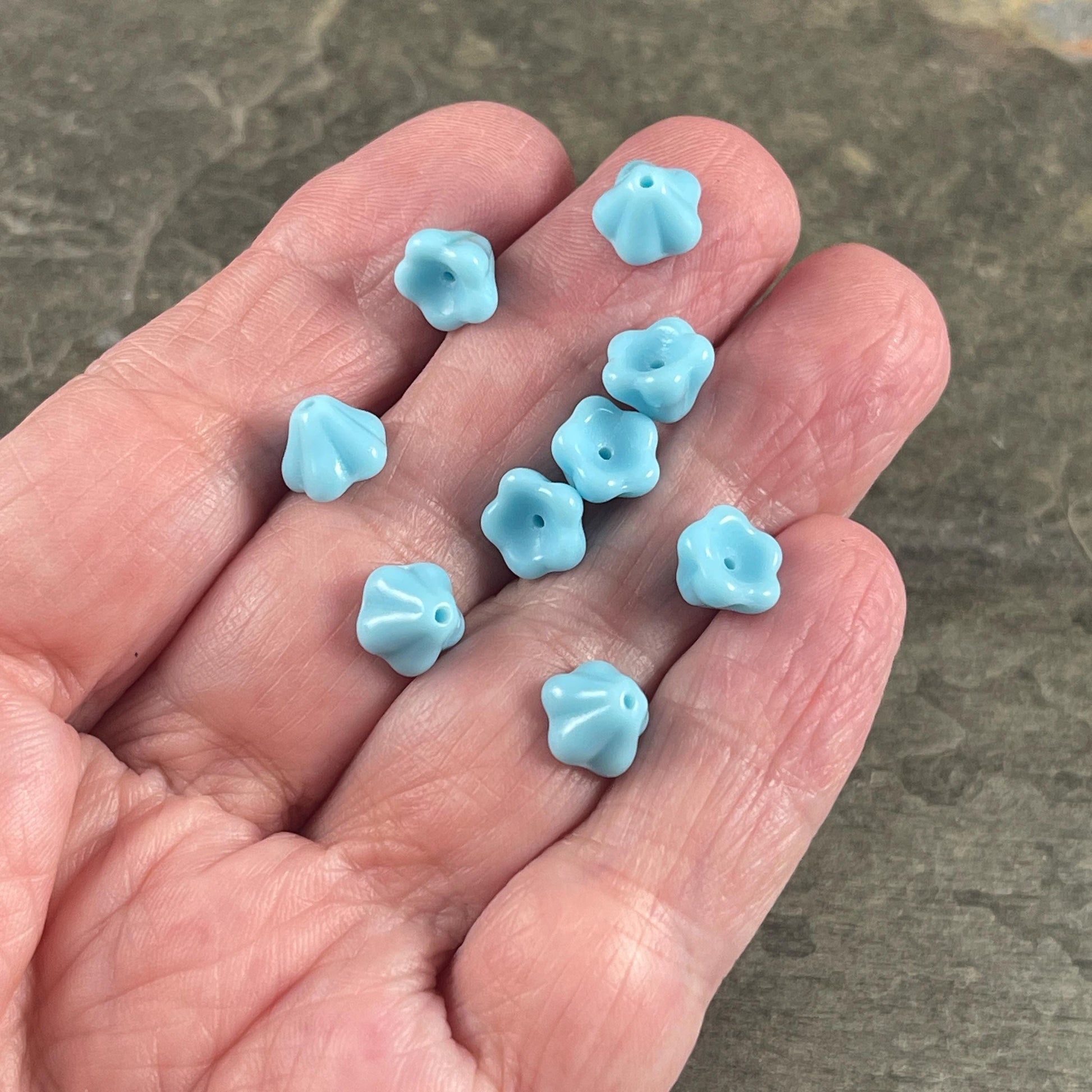 Light Blue Czech Glass Bead, 8x6mm Baby Bell Flower, Opaque Sky Blue Bell Flower (FL/6302) * Qty. 24