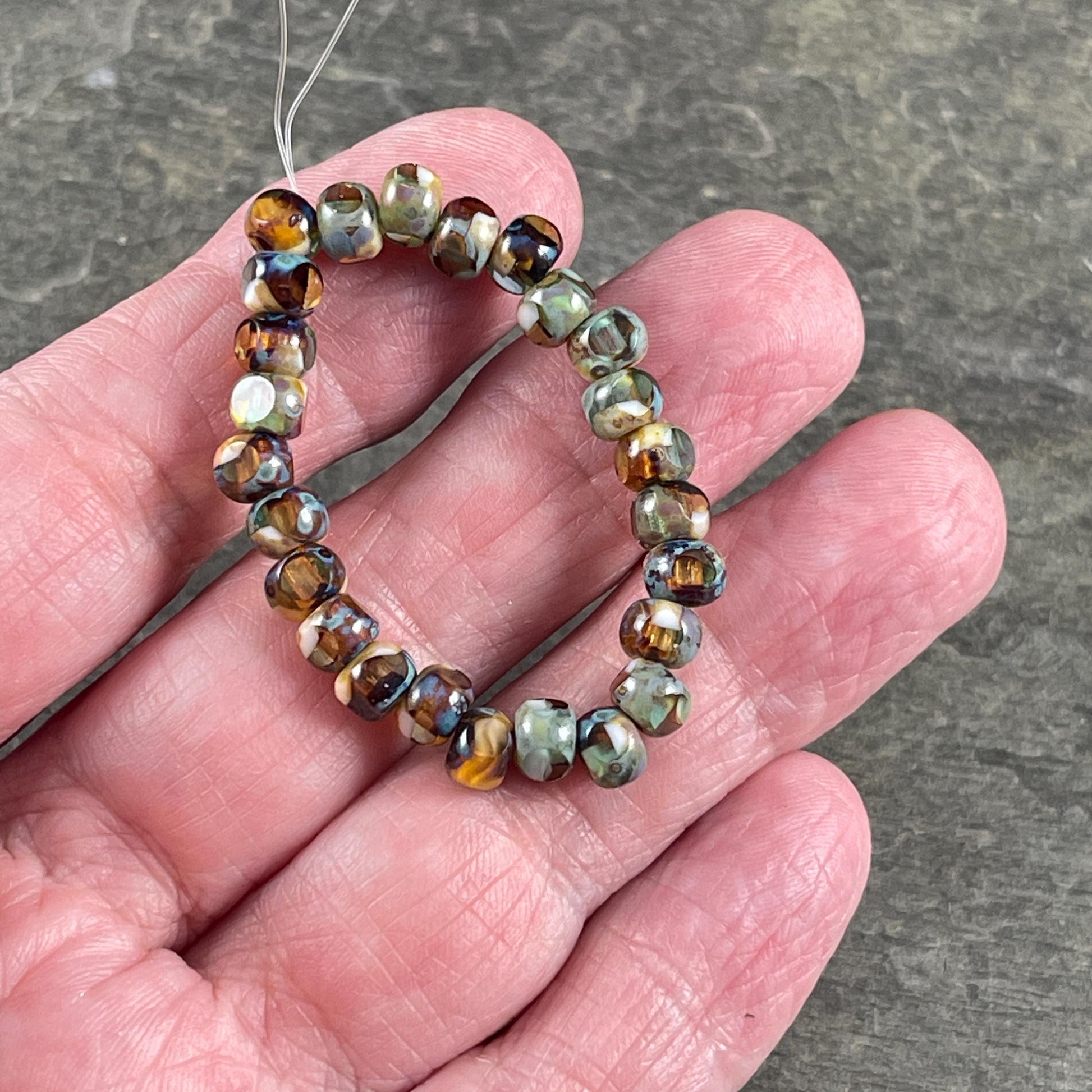 Czech Glass Beads - 5x4mm with 2mm Hole, Brown, Green and Ivory Picasso Beads, Tri-Cut Glass Rondelles (TRC/N-1417) * Qty. 25