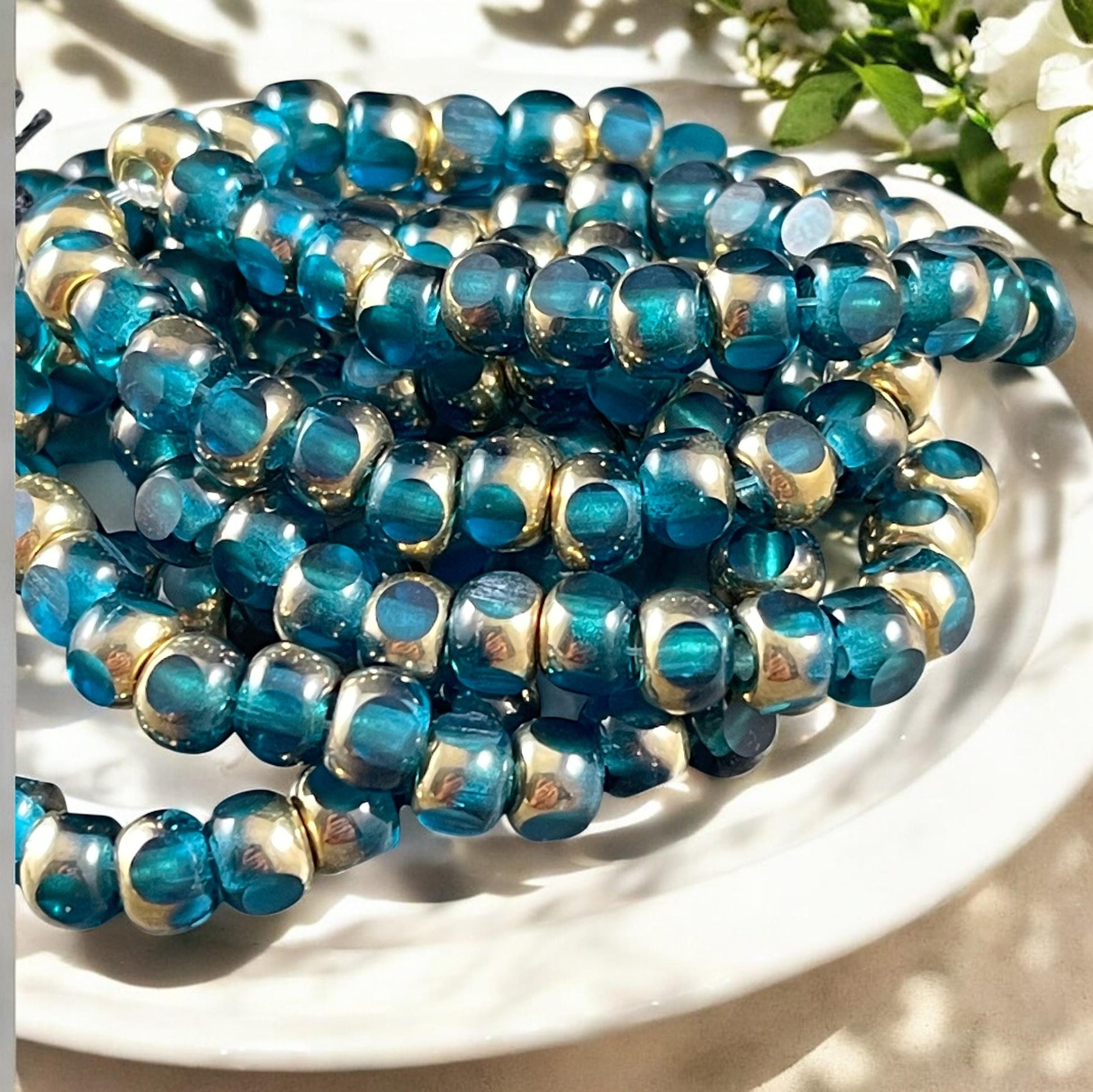 Czech Glass Beads - 5x4mm with 2mm Hole, Pacific Blue and Metallic Gold Tri-Cut Glass Rondelles (TRC/N-2145) * Qty. 25