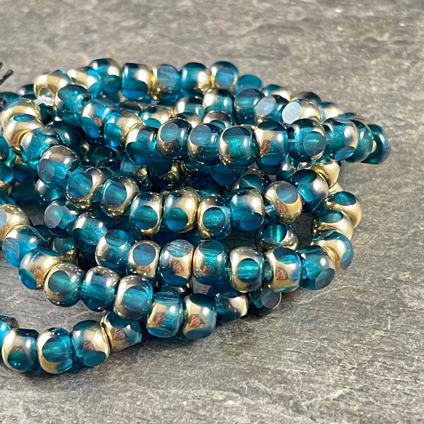 Czech Glass Beads - 5x4mm with 2mm Hole, Pacific Blue and Metallic Gold Tri-Cut Glass Rondelles (TRC/N-2145) * Qty. 25