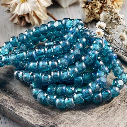 Czech Glass Beads - 5x4mm with 2mm Hole, Teal Blue Picasso Tri-Cut Glass Rondelles (TRC/N-2141) * Qty. 25