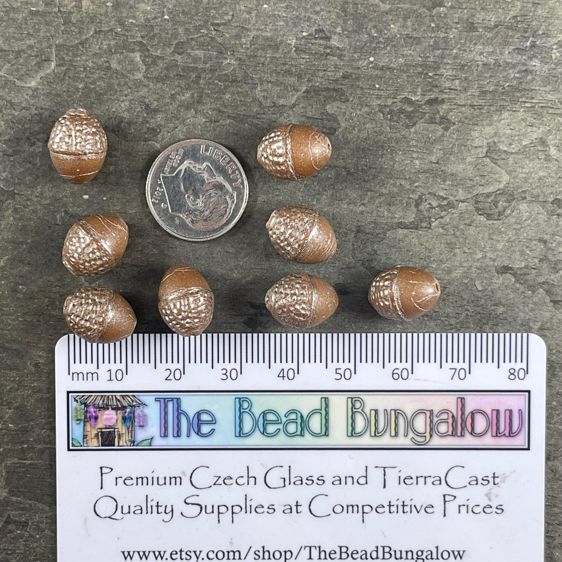Czech Glass Beads - Acorn Beads, 10x12mm Oval Beads, Opaque Light Brown with Silver Wash (ACN/N-1850) * 8 Beads