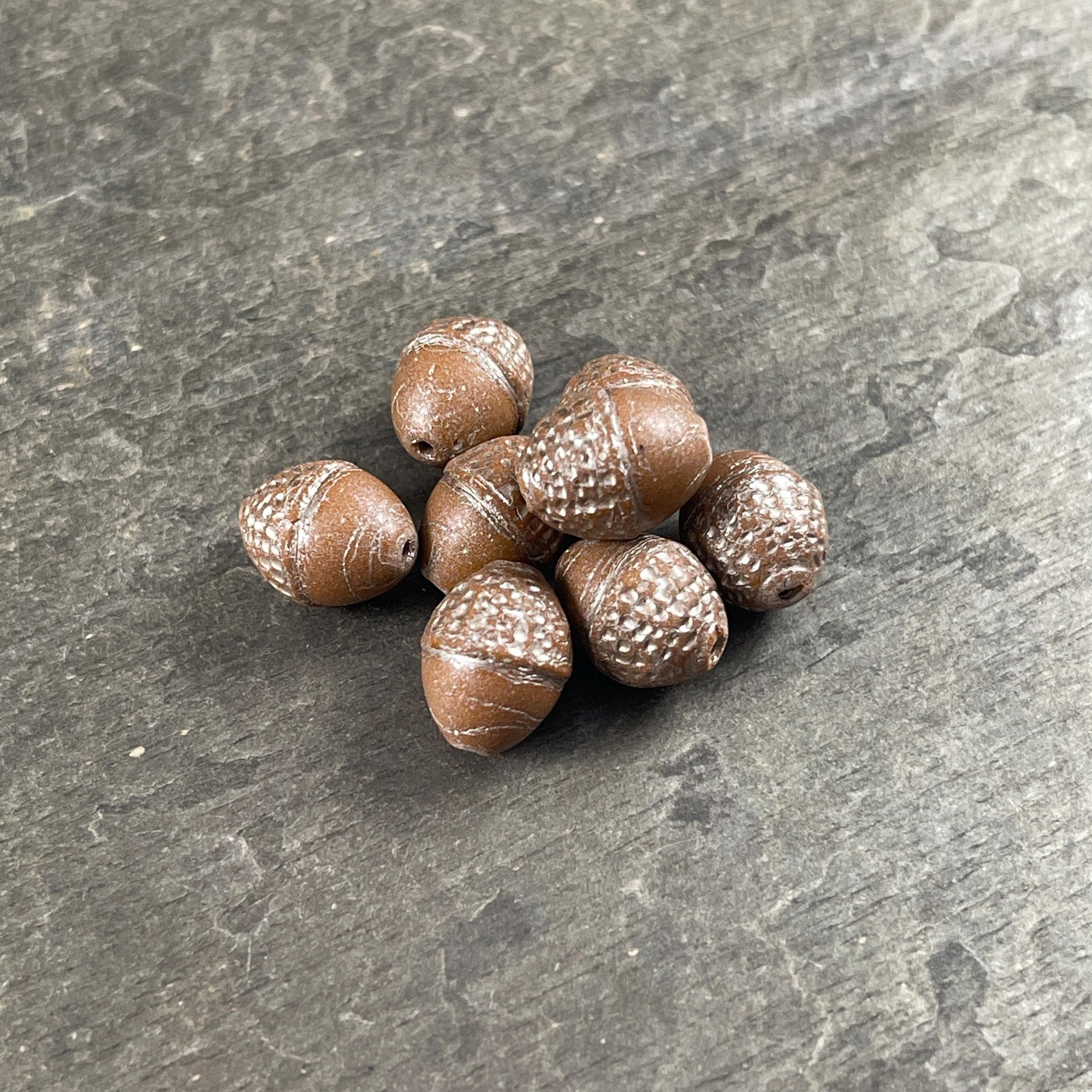 Czech Glass Beads - Acorn Beads, 10x12mm Oval Beads, Opaque Light Brown with Silver Wash (ACN/N-1850) * 8 Beads