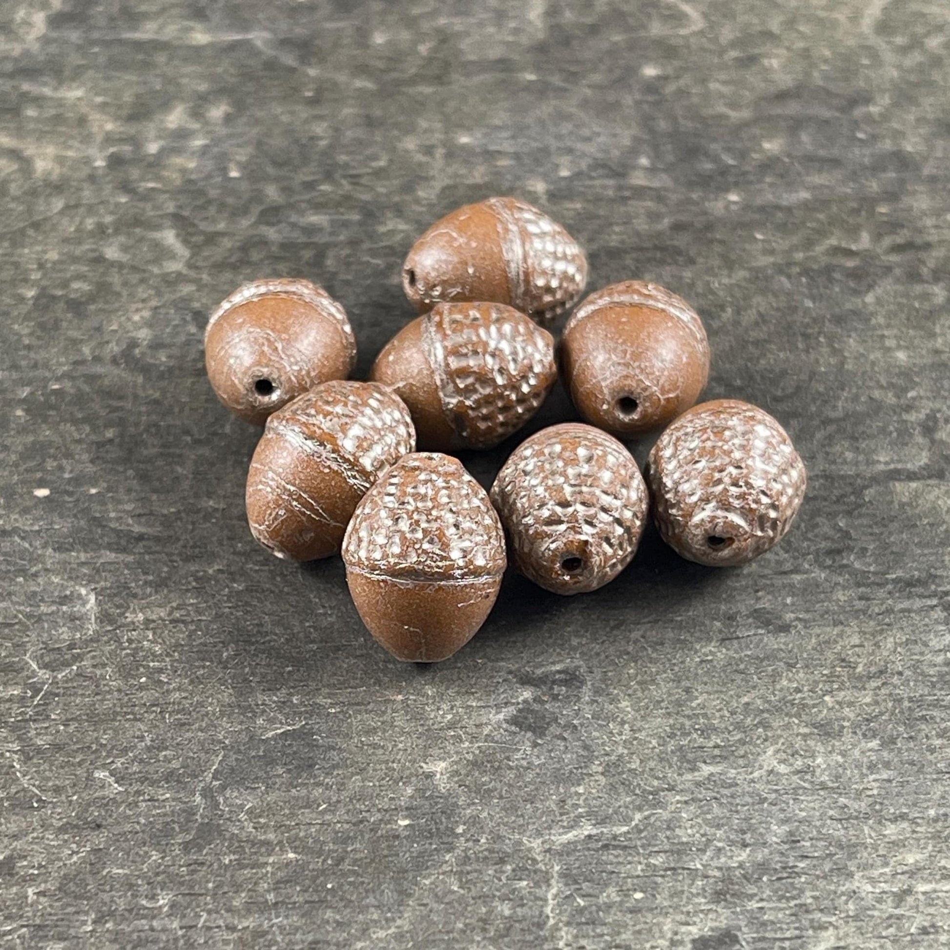 Czech Glass Beads - Acorn Beads, 10x12mm Oval Beads, Opaque Light Brown with Silver Wash (ACN/N-1850) * 8 Beads