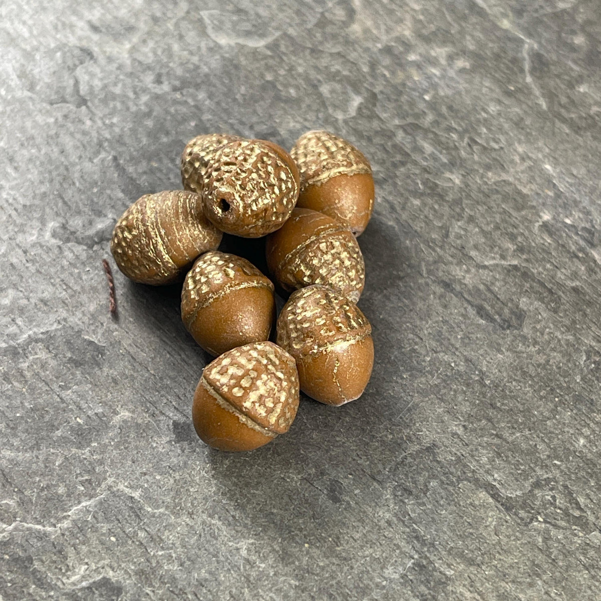 Czech Glass Beads - Acorn Beads, 10x12mm Oval Beads, Opaque Mustard Brown with Gold Wash (ACN/N-1849) * 8 Beads