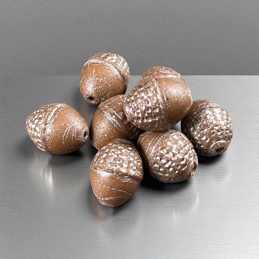 Czech Glass Beads - Acorn Beads, 10x12mm Oval Beads, Opaque Light Brown with Silver Wash (ACN/N-1850) * 8 Beads
