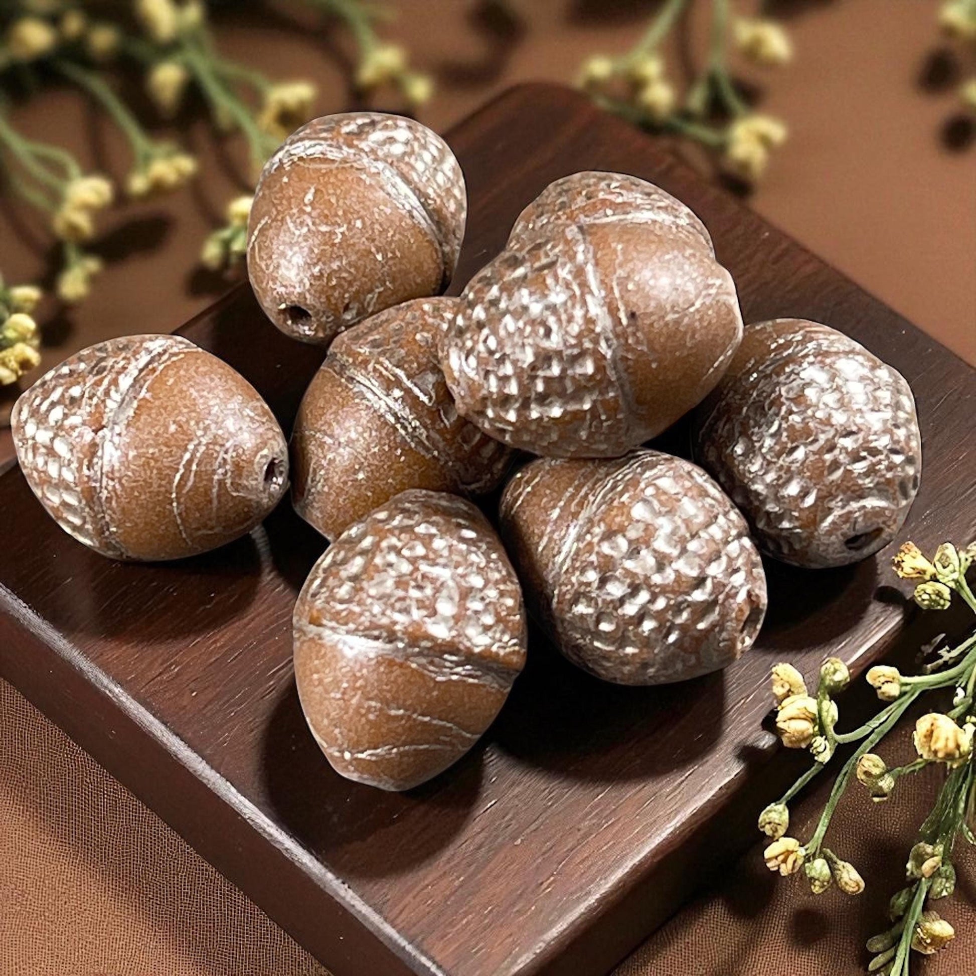 Czech Glass Beads - Acorn Beads, 10x12mm Oval Beads, Opaque Light Brown with Silver Wash (ACN/N-1850) * 8 Beads