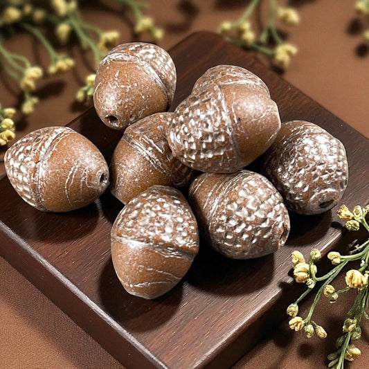 Czech Glass Beads - Acorn Beads, 10x12mm Oval Beads, Opaque Light Brown with Silver Wash (ACN/N-1850) * 8 Beads
