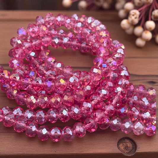 Rose Pink 8x6mm Faceted Glass Beads, Transparent Dark Pink Rondelles (RosePink-8) * 36 Beads