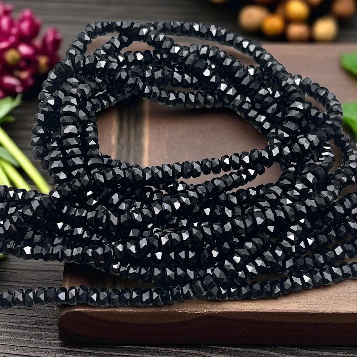 Faceted Glass Beads - 4x2.5mm Heishi Rondelles, Jet Black, Opaque (CO1) * 8" Strand