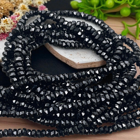 Faceted Glass Beads - 4x2.5mm Heishi Rondelles, Jet Black, Opaque (Black) * 7" Strand