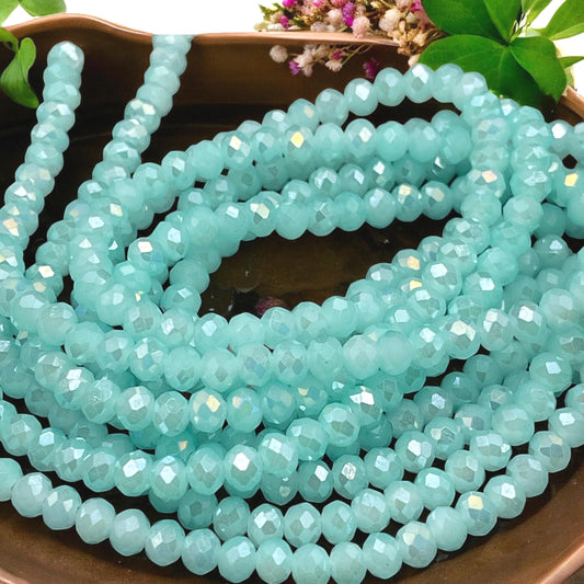 6x5mm Faceted Glass Beads, Milky Light Aqua with AB Finish Rondelles (MilkyAquaAB-6) * 80 Beads