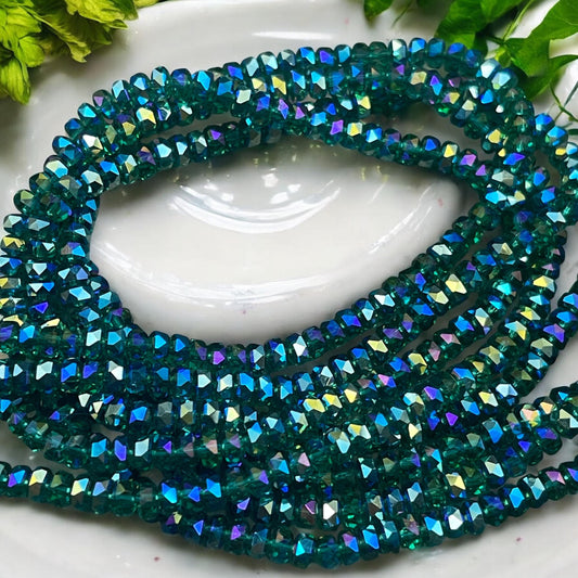 Faceted Glass Beads - 4x2.5mm Heishi Rondelles, Transparent Emerald with Rainbow Iris AB (EmeraldIris) * 7" Strand
