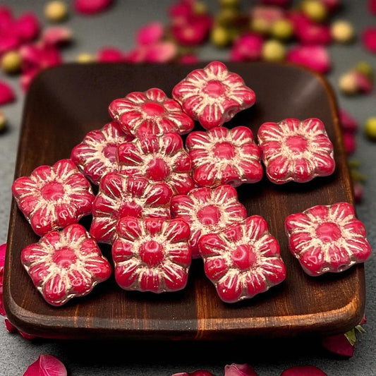Czech Glass Beads - 10mm Zinnia Square, Red Flower Bead with Copper Wash (Zsq12) * Qty. 13