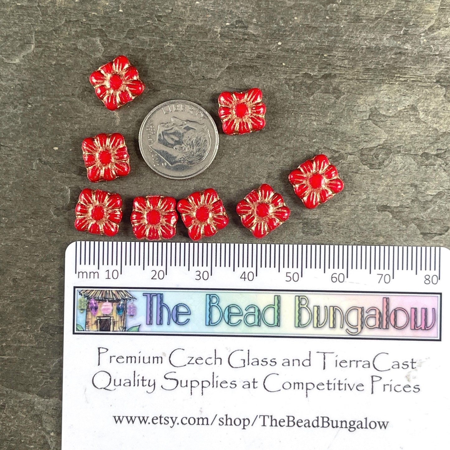 Czech Glass Beads - 10mm Zinnia Square, Red Flower Bead with Copper Wash (Zsq12) * Qty. 13