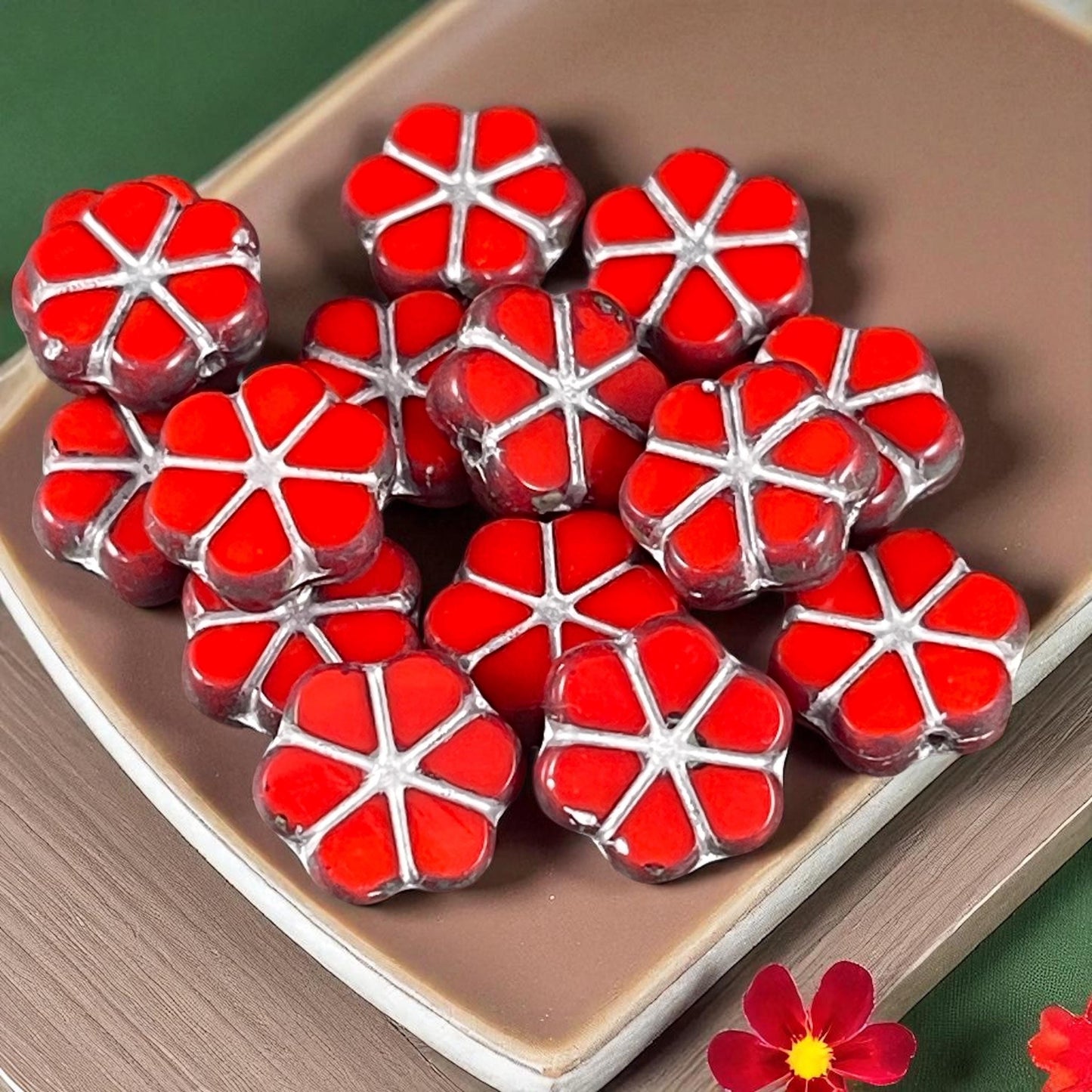 Czech Flower Beads, 10mm Opaque Coral Red Picasso Flower, Reddish-Orange with Travertine Picasso and Silver Wash (TCFMN-34) * Qty. 10