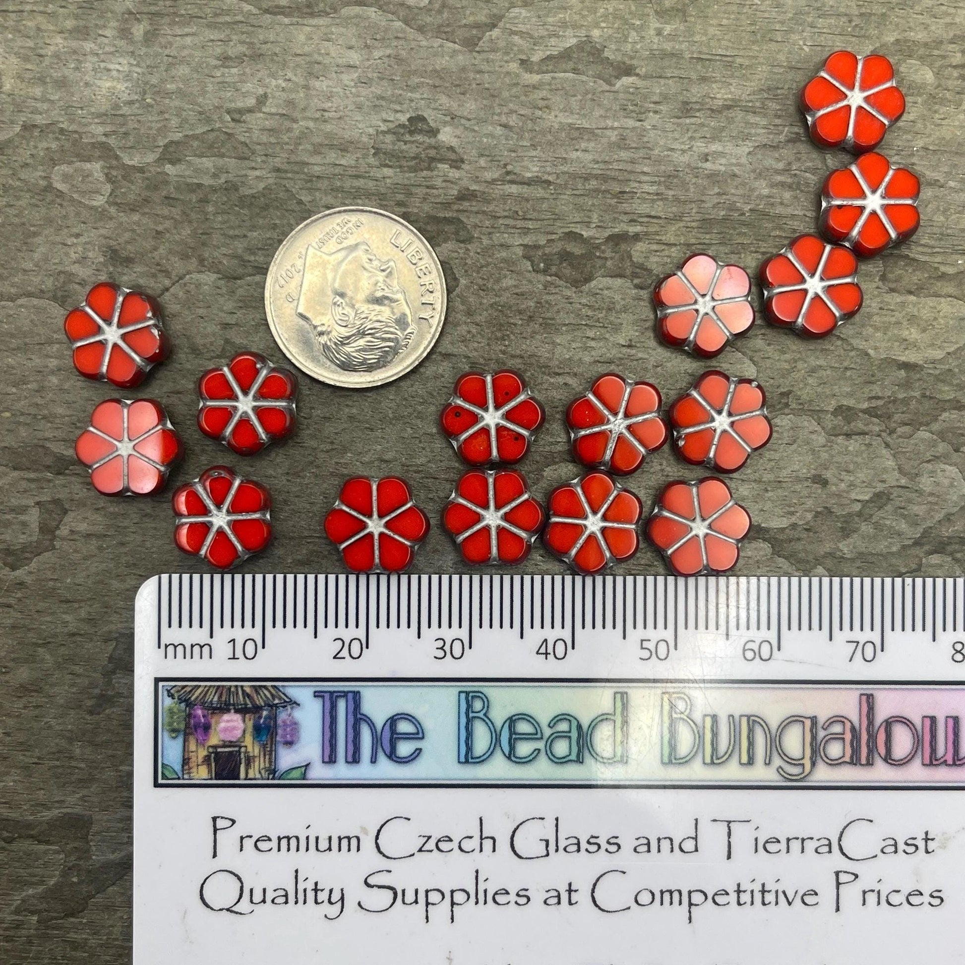 Czech Flower Beads, 10mm Opaque Coral Red Picasso Flower, Reddish-Orange with Travertine Picasso and Silver Wash (TCFMN-34) * Qty. 10