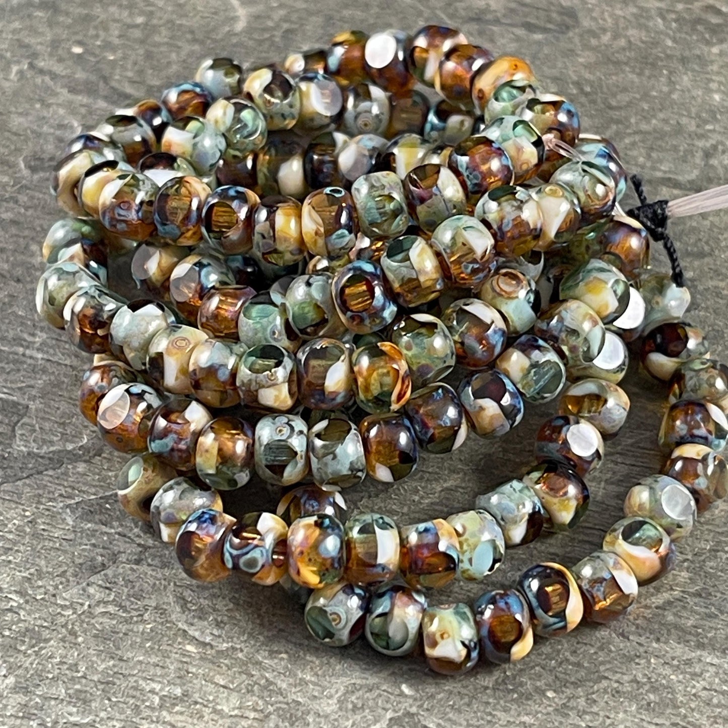 Czech Glass Beads - 5x4mm with 2mm Hole, Brown, Green and Ivory Picasso Beads, Tri-Cut Glass Rondelles (TRC/N-1417) * Qty. 25