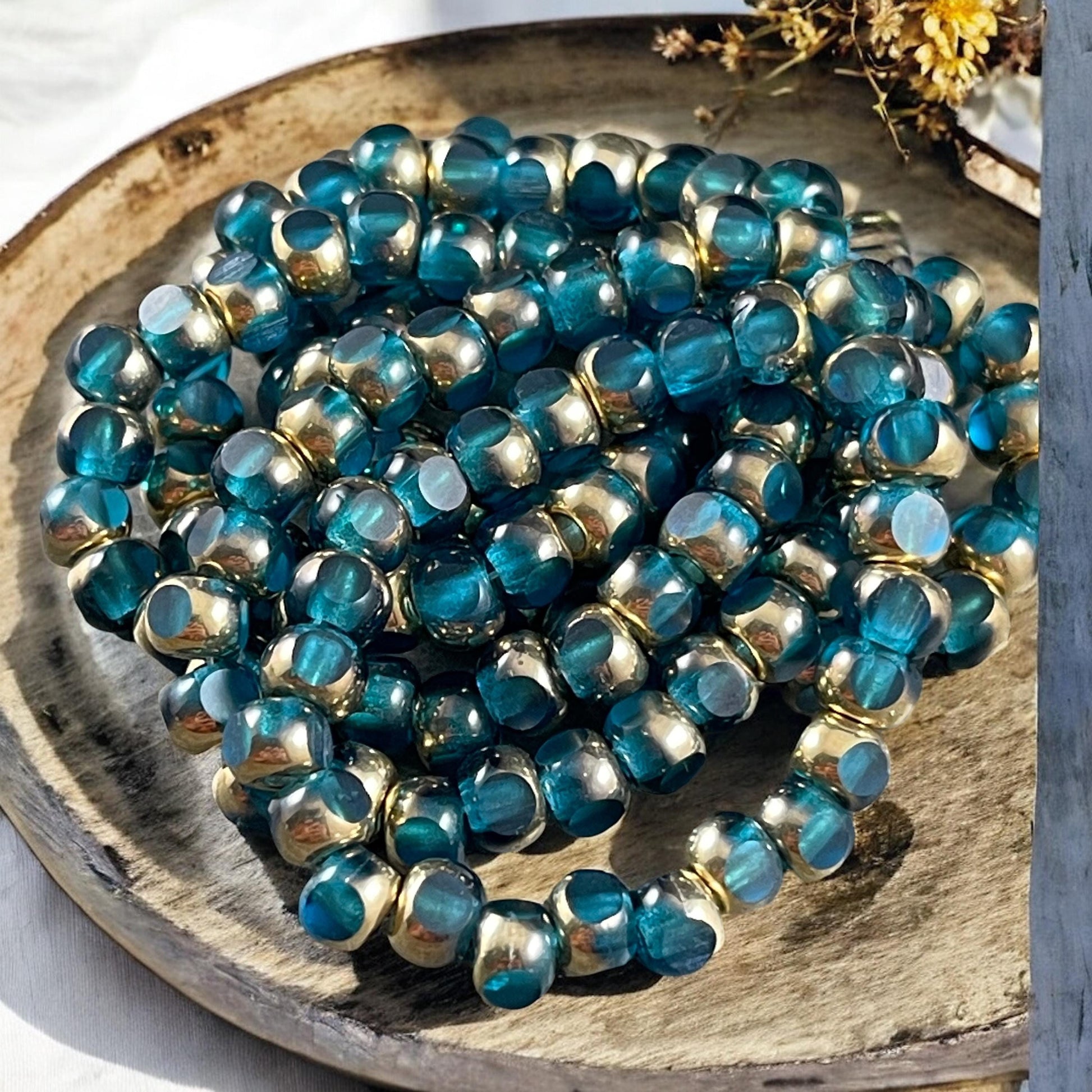 Czech Glass Beads - 5x4mm with 2mm Hole, Pacific Blue and Metallic Gold Tri-Cut Glass Rondelles (TRC/N-2145) * Qty. 25