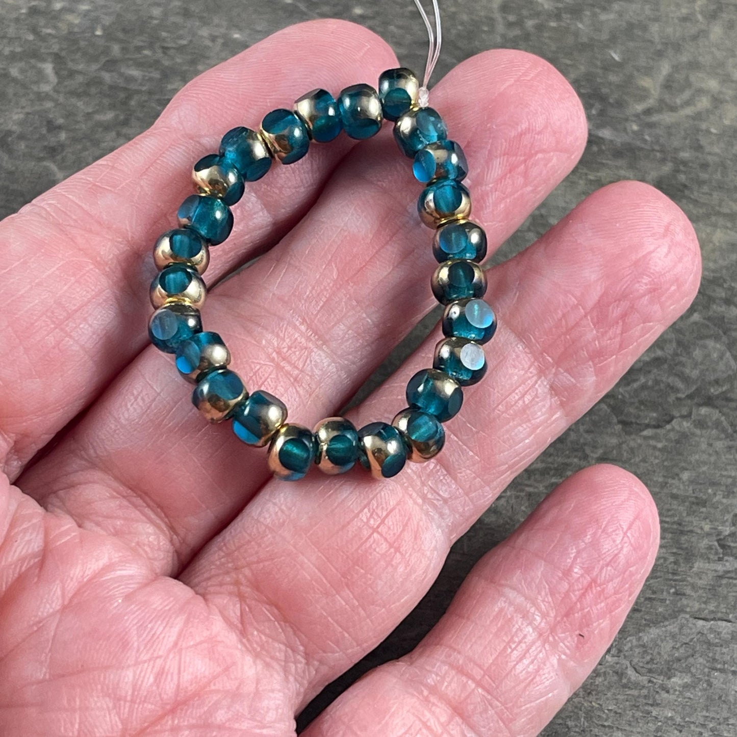 Czech Glass Beads - 5x4mm with 2mm Hole, Pacific Blue and Metallic Gold Tri-Cut Glass Rondelles (TRC/N-2145) * Qty. 25