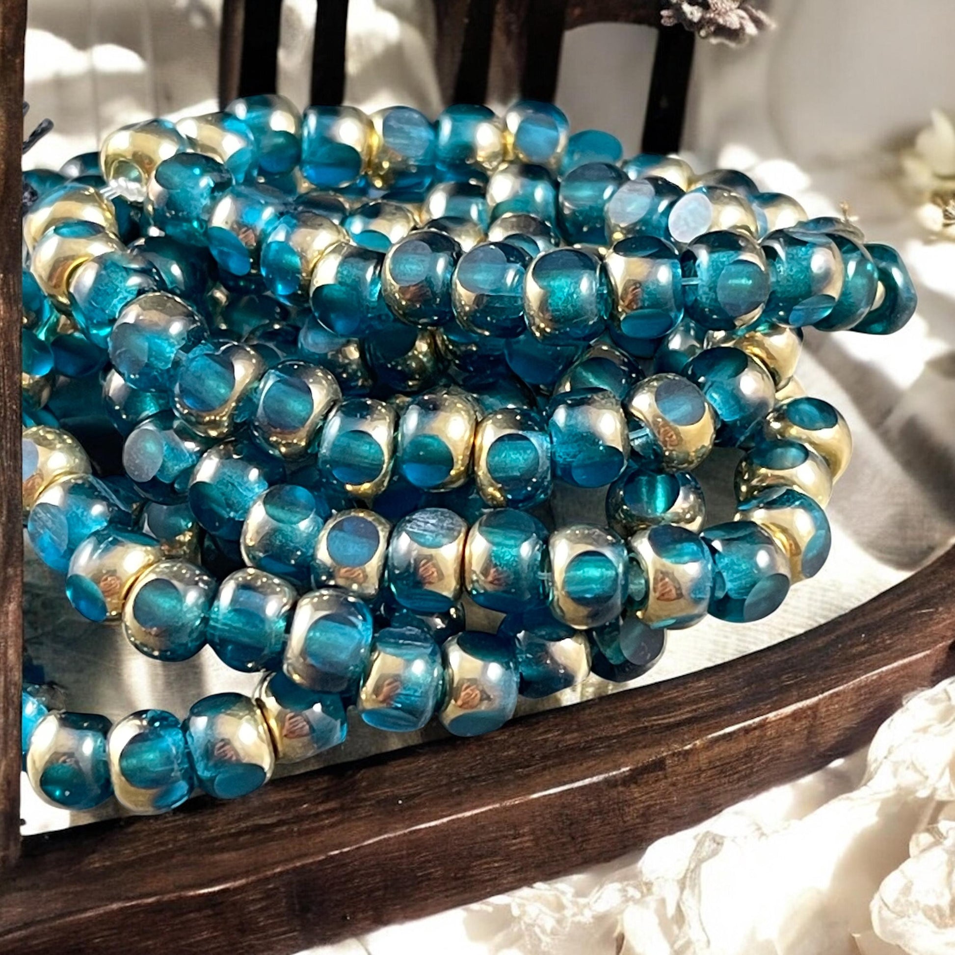 Czech Glass Beads - 5x4mm with 2mm Hole, Pacific Blue and Metallic Gold Tri-Cut Glass Rondelles (TRC/N-2145) * Qty. 25