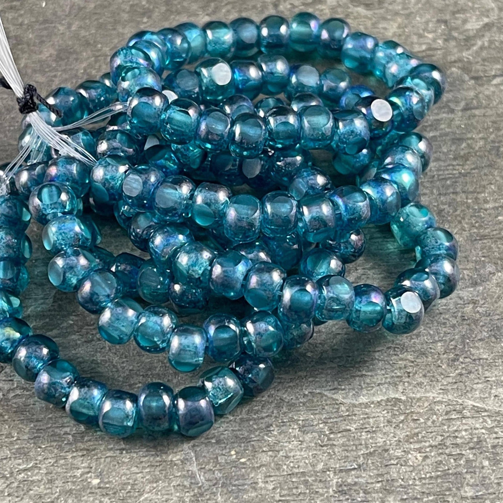 Czech Glass Beads - 5x4mm with 2mm Hole, Teal Blue Picasso Tri-Cut Glass Rondelles (TRC/N-2141) * Qty. 25