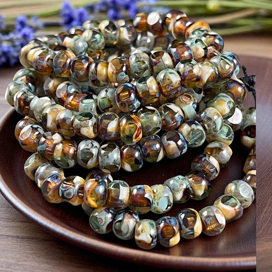 Czech Glass Beads - 5x4mm with 2mm Hole, Brown, Green and Ivory Picasso Beads, Tri-Cut Glass Rondelles (TRC/N-1417) * Qty. 25