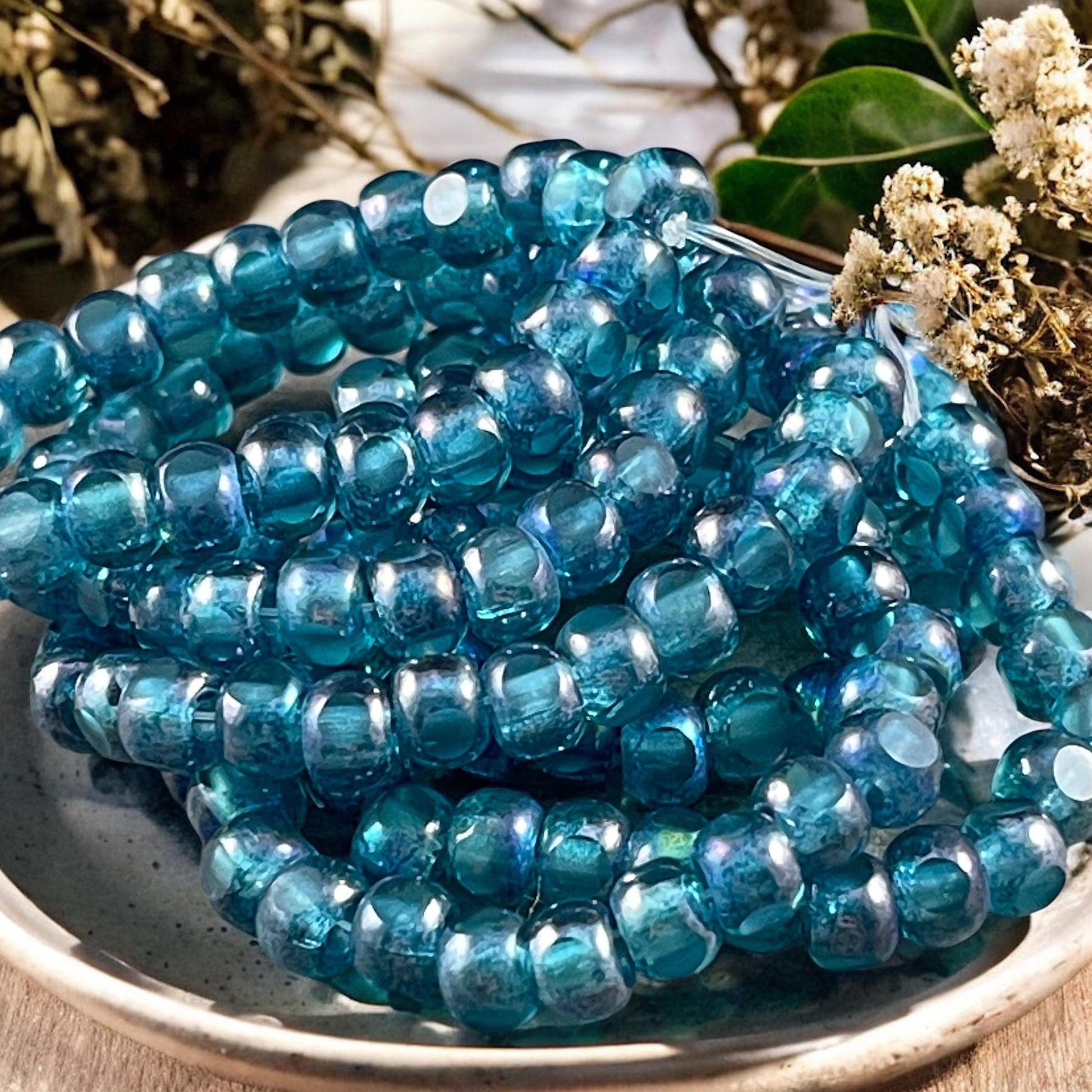 Czech Glass Beads - 5x4mm with 2mm Hole, Teal Blue Picasso Tri-Cut Glass Rondelles (TRC/N-2141) * Qty. 25