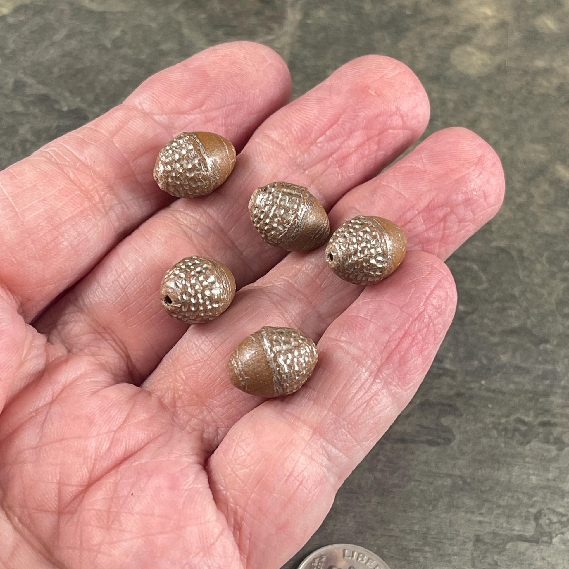 Czech Glass Beads - Acorn Beads, 10x12mm Oval Beads, Opaque Light Brown with Silver Wash (ACN/N-1850) * 8 Beads