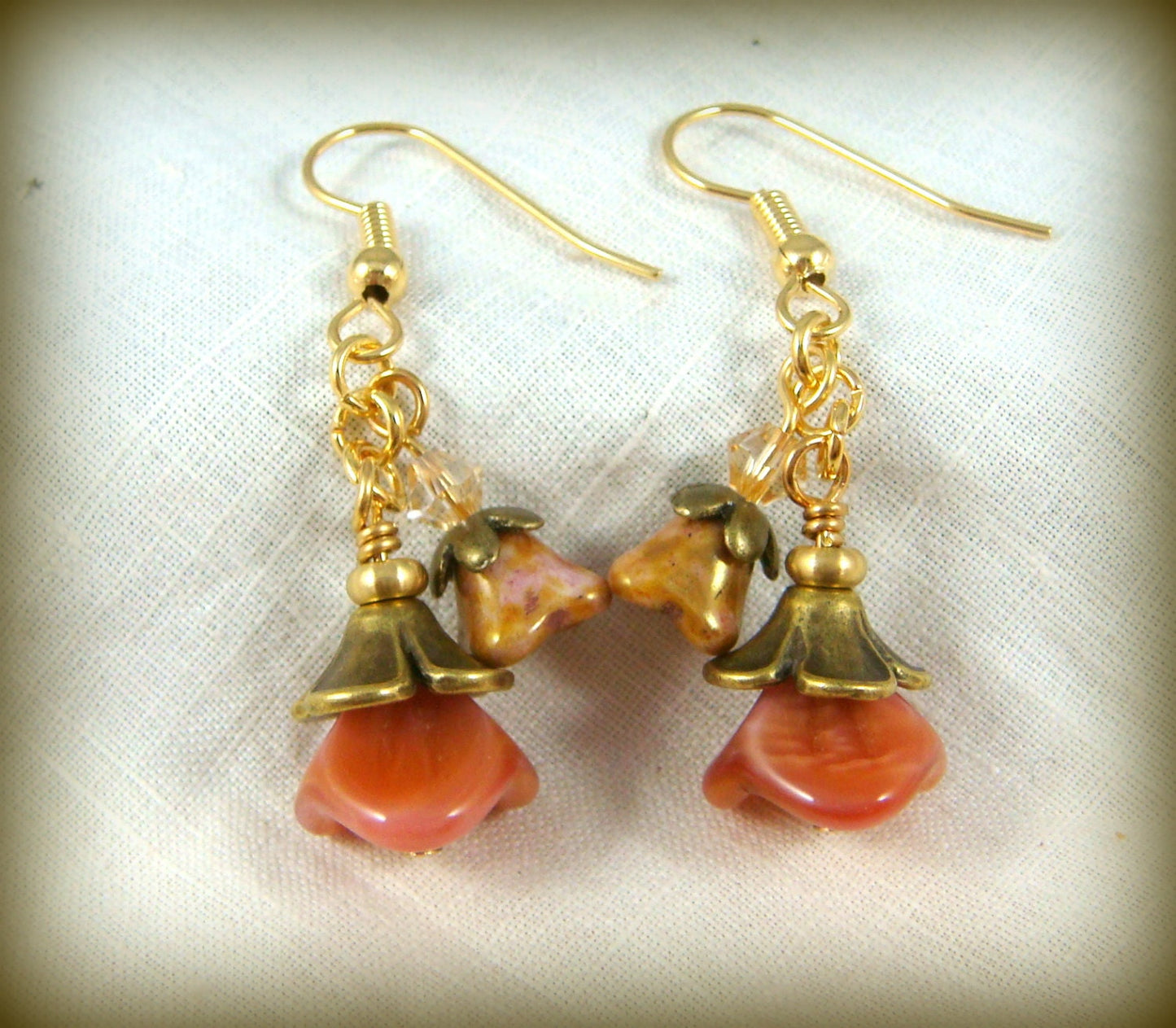 Czech Glass Beads - Peach Silk Flower, Amber Pink 3-Petal Flower, 12x9mm Peachy Pink Bell Flower Bead (FLLB/RJ-1043) * Qty. 12