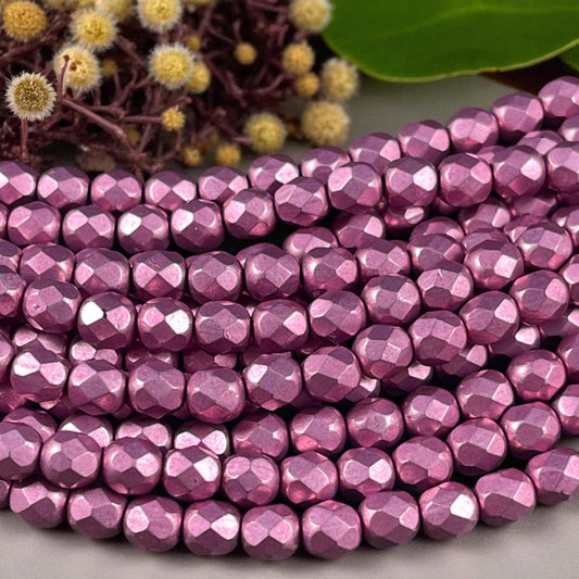 Czech Glass - 6mm Faceted Round Beads, Golden Orchid Pink Metallic Beads (FP6/SM-08A03v2) * Qty. 25